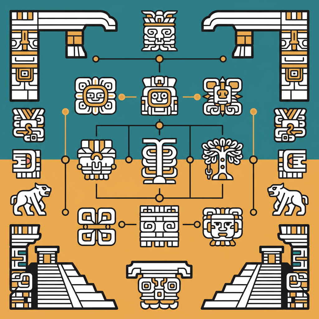 Illustration of ancient Mayan symbols and architectural elements, clean infographic style, modern layout, high contrast, colored background, no text