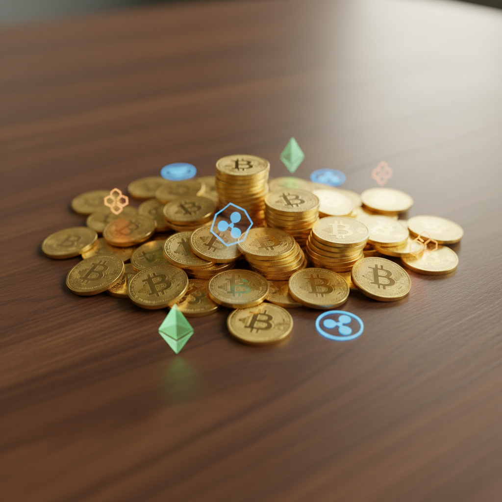 A pile of gold coins and digital currency icons on a sleek wooden table, warm lighting, clean and professional, 4:3 ratio, no text