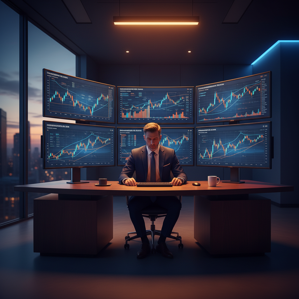 A professional investor analyzing semiconductor stock charts on multiple monitors in a modern office, warm lighting, blue and orange color theme, high contrast, no text