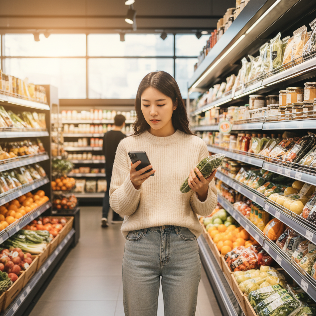 A Korean woman shopping for groceries in a modern supermarket, checking prices on items, warm lighting, natural lifestyle photography, detailed grocery shelves, no text