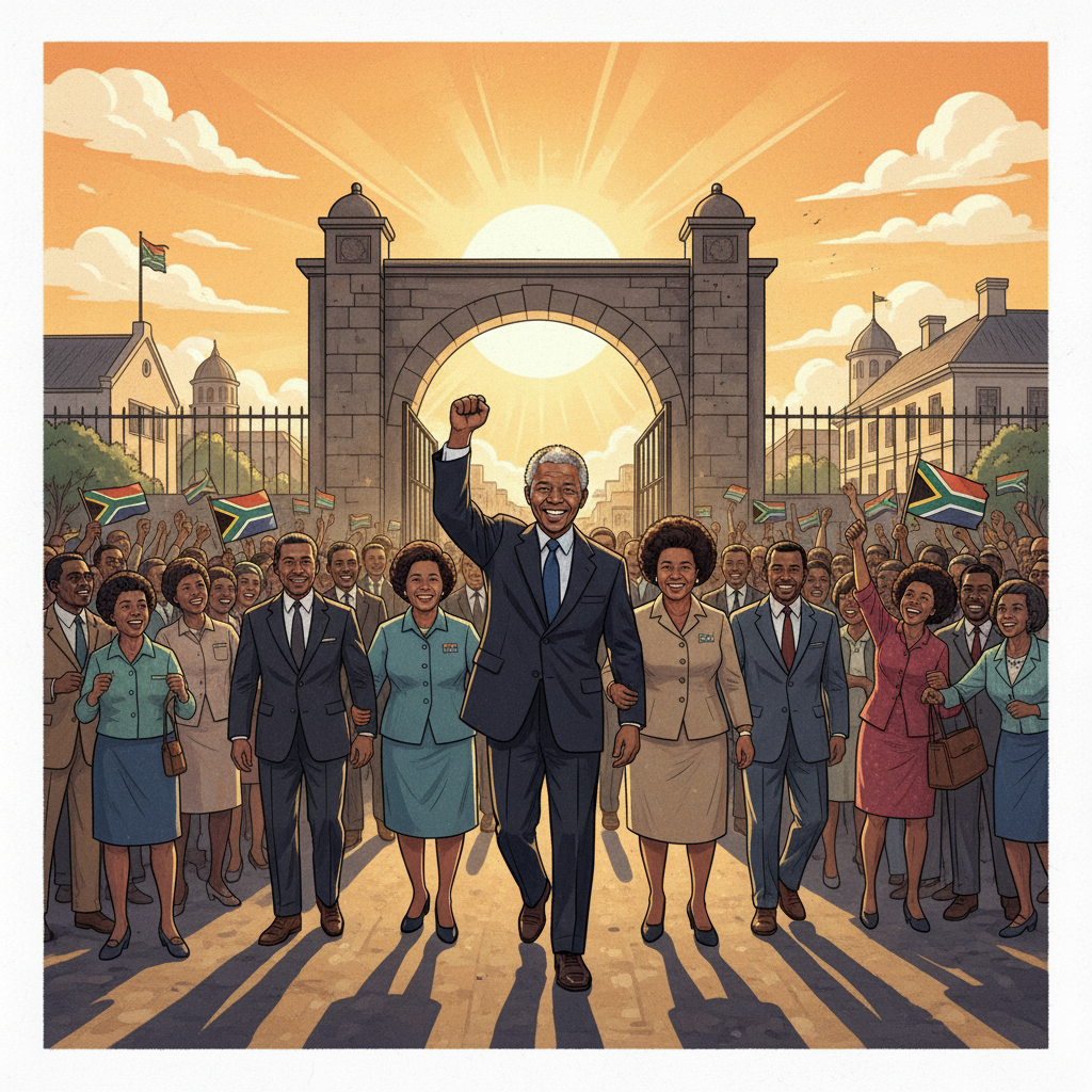 A digital illustration depicting a younger Nelson Mandela walking free from prison gates, surrounded by a hopeful crowd, in a slightly anachronistic setting suggesting an earlier release. The sky is bright with a sunrise. Style: illustration, artistic rendering, textured background. No visible text.