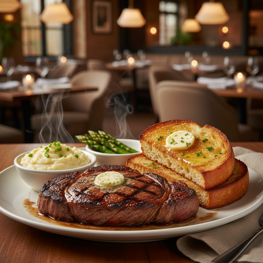 A perfectly grilled ribeye steak on a plate with buttery bread and sides, warm restaurant interior lighting, rich textures, no text