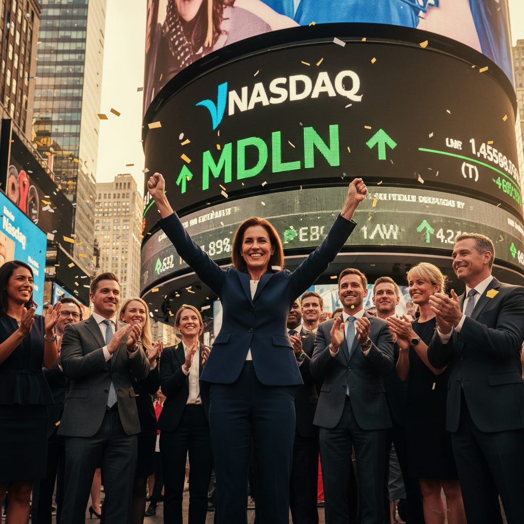 A professional scene of a CEO celebrating a successful stock market IPO at Nasdaq Times Square, diverse group of business people clapping, digital stock ticker background with MDLN, high contrast, warm lighting, no text