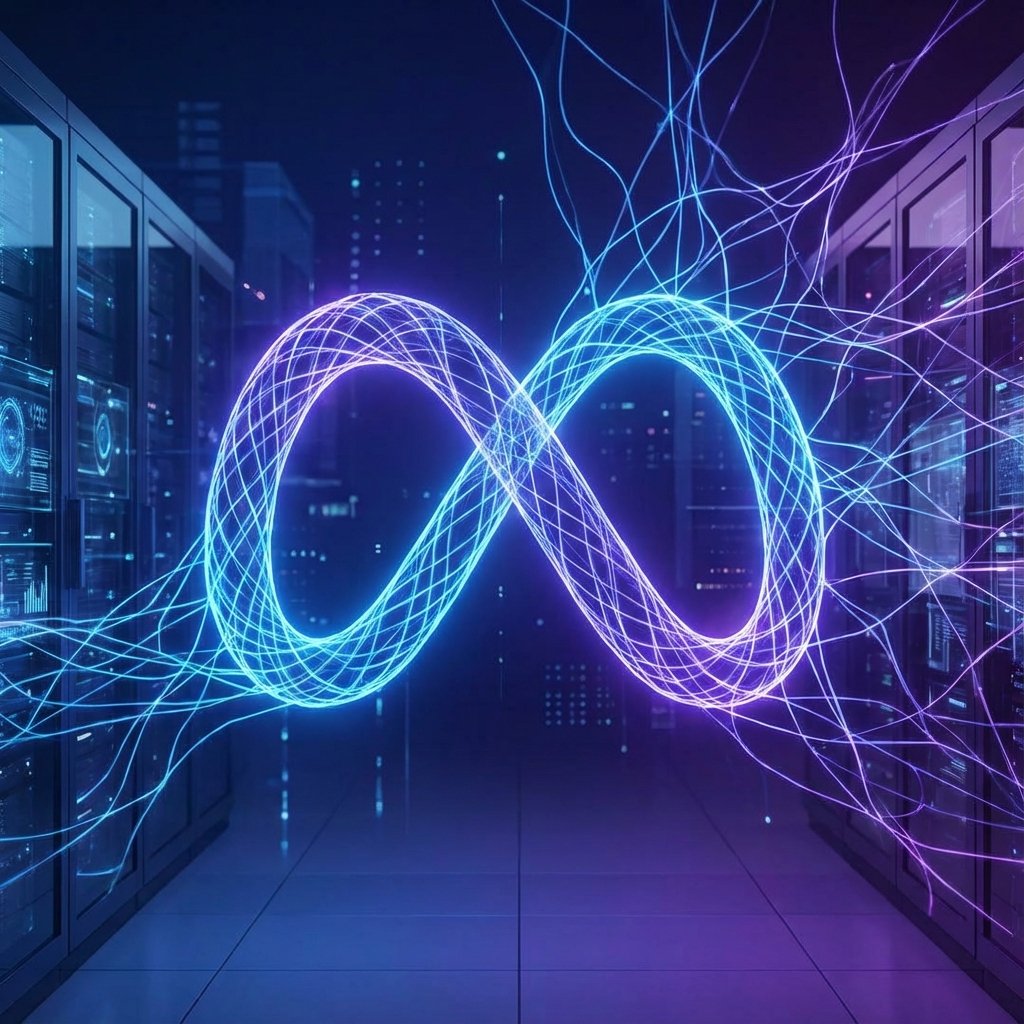 A sleek and modern visualization of the Meta logo integrated with glowing neural network lines, high contrast, dark blue and purple gradient background, professional technology setting, no text, 1:1