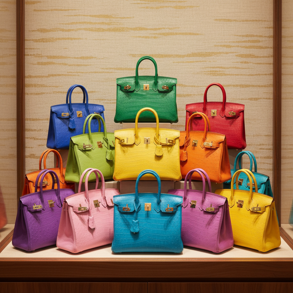 A display case filled with several colorful Hermes Birkin bags in a high-end luxury boutique, elegant lighting, textured background, centered focus, no text