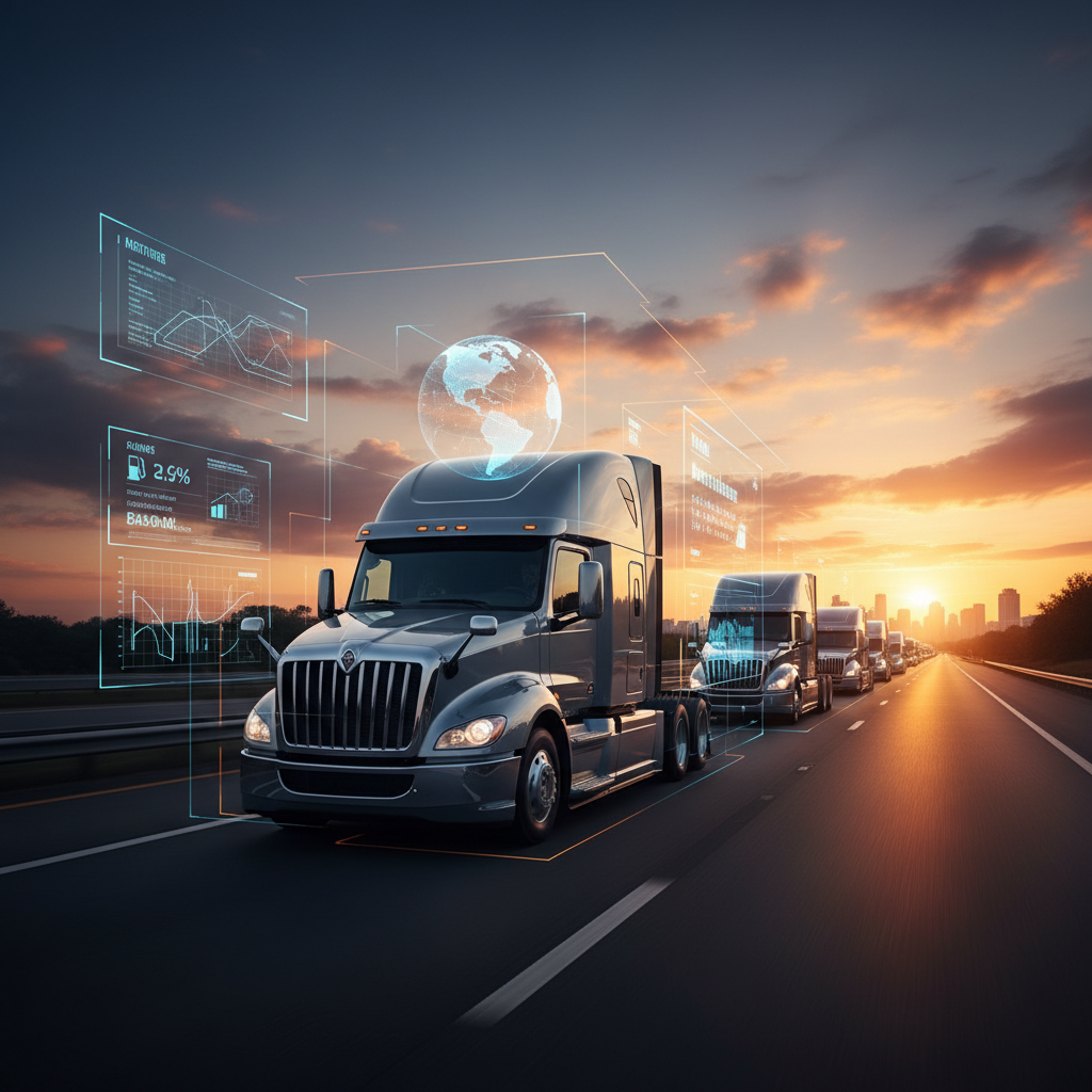 A professional fleet of modern semi-trucks on a highway at sunset, high-tech digital overlays showing data points, lifestyle photography, warm lighting, blue and orange sky background, no text