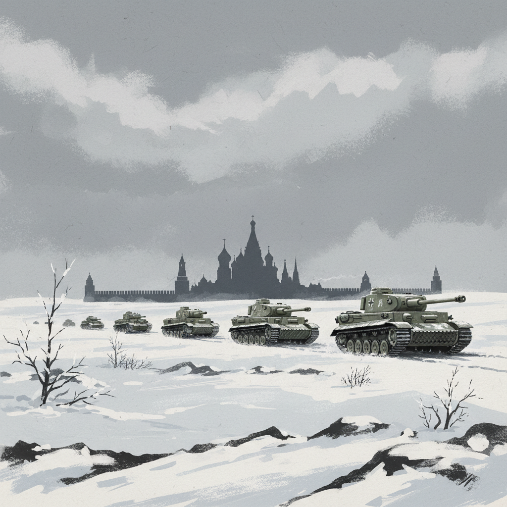 A powerful illustration of German panzer tanks advancing resolutely through a snowy, desolate landscape towards a distant, stylized silhouette of Moscow's Kremlin under a grey, overcast sky. Artistic rendering with a textured background, emphasizing the harsh conditions and the determined focus on the capital. Bright, balanced lighting, no visible text.