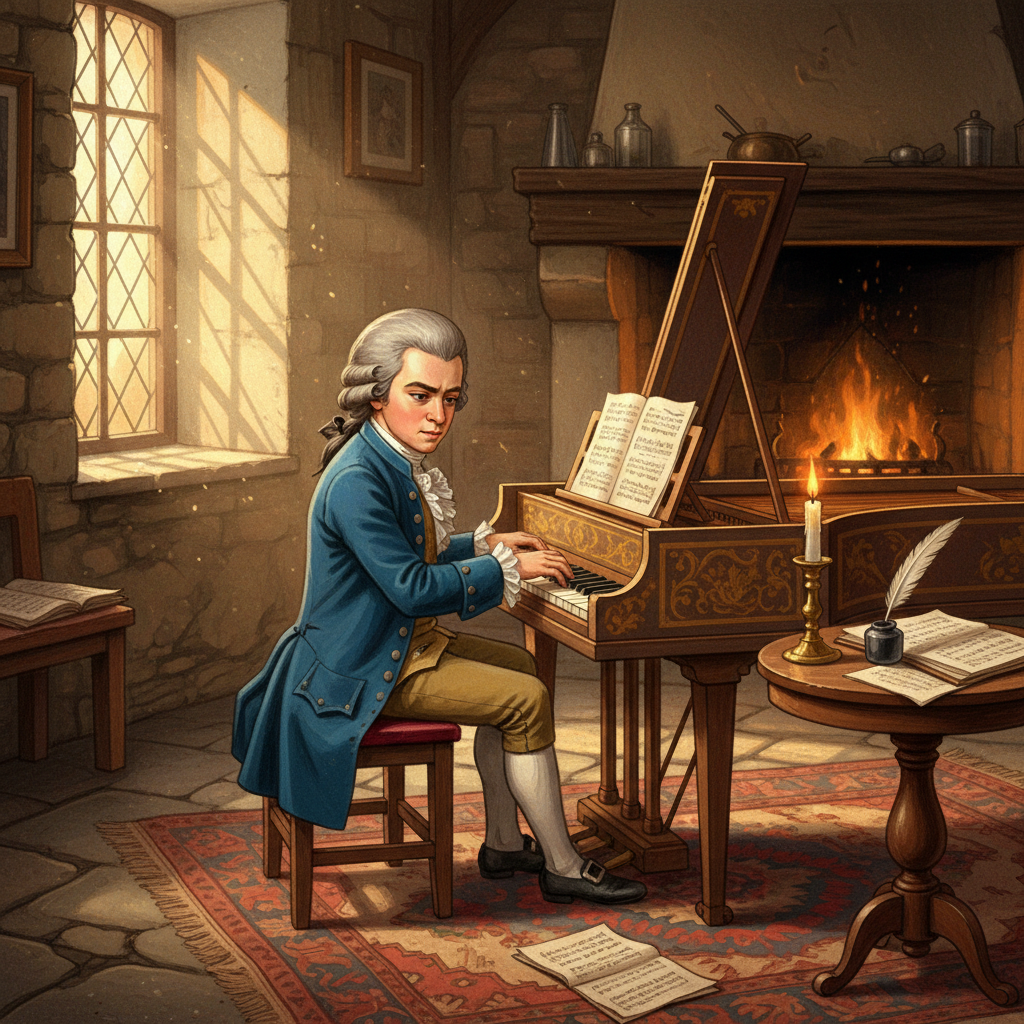 An illustration depicting a young Mozart, around 10-12 years old, seated at a harpsichord in a rustic, well-lit room in Salzburg. The scene suggests focused study and composition, with music sheets scattered around. The style is an artistic rendering with a textured background, emphasizing a historical yet warm atmosphere. No text. Colored background.