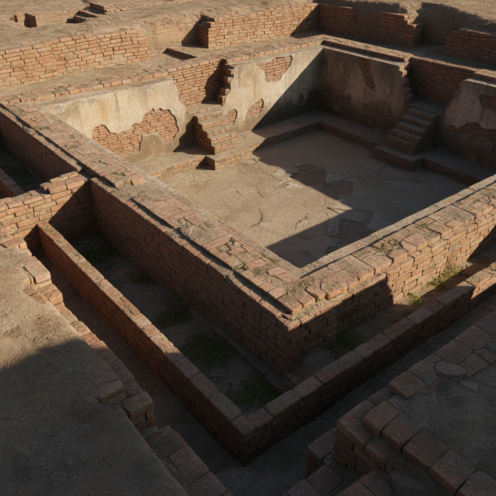Detailed artistic rendering of ancient brick drainage systems and the Great Bath of Moenjodaro, high contrast, historical atmosphere, textured mud bricks, no text