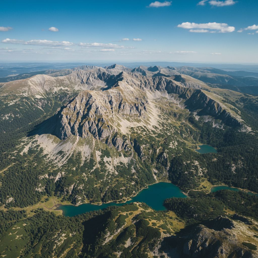 A breathtaking aerial view of the Durmitor National Park mountains in Montenegro, limestone peaks, lush greenery, clear blue sky, wide angle landscape photography, high contrast, rich textures, no text