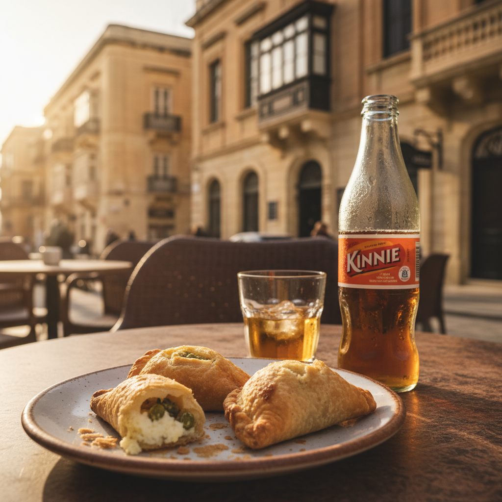 Traditional Maltese pastizzi on a plate with Kinnie soda bottle, cafe table in Valletta, warm sunlight, limestone background, detailed food photography, no text