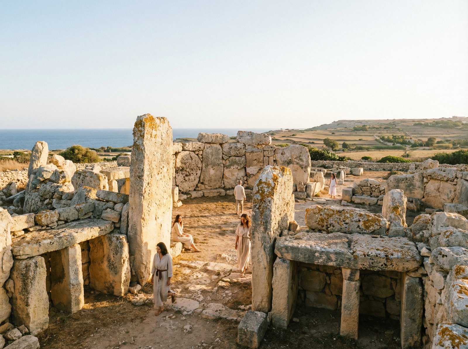 Wide view of ancient Maltese megalithic stone structures, golden hour lighting, rich textures, lifestyle photography style, no text, 4:3 aspect ratio