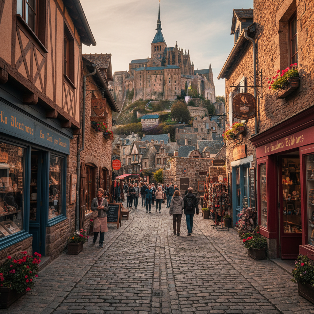 Narrow, winding streets of Mont Saint-Michel village with small shops and restaurants, lifestyle photography, warm lighting, natural setting, centered focus, visually rich, no empty margins. No visible text. No Korean characters.