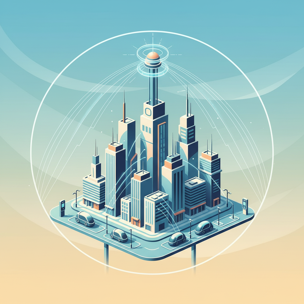 A clean infographic showing a modern city wirelessly powered, with electricity flowing invisibly to homes and electric vehicles. The background is a soft gradient, highlighting the advanced infrastructure and seamless energy distribution. No visible text.