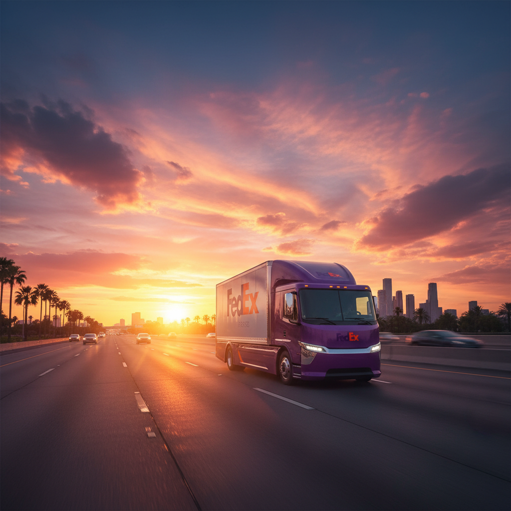 A modern delivery truck driving on a highway at sunset representing FedEx logistics, lifestyle photography style, warm lighting, vibrant sky, no text