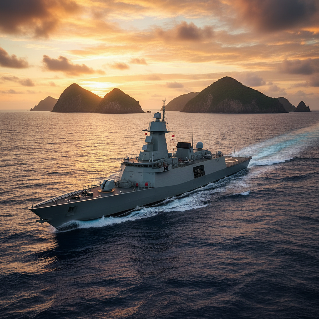 A sleek modern naval frigate sailing through deep blue ocean waves, sunset lighting, realistic photography, visually rich background, no text