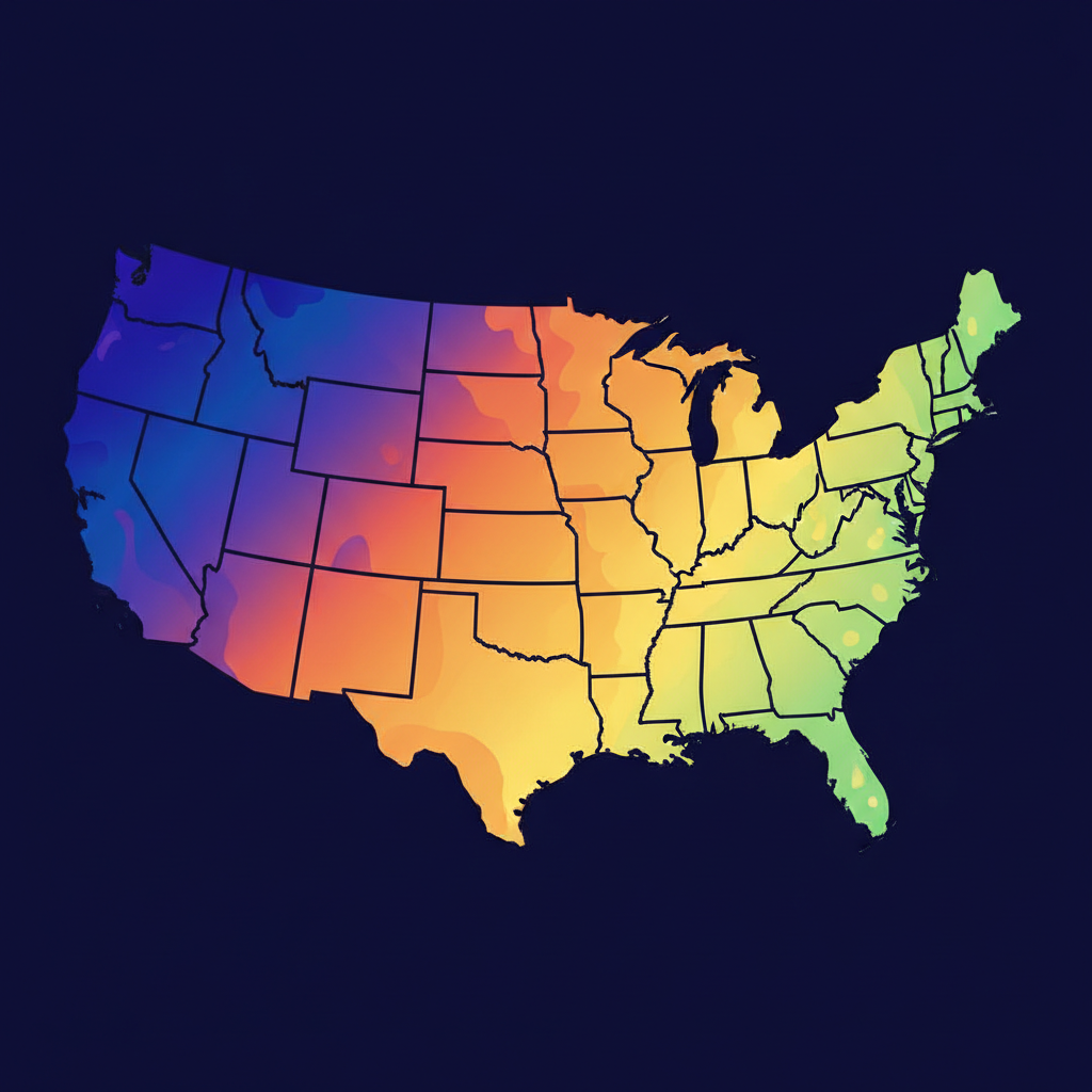 A stylized map of the United States with different color gradients representing tax levels, creative artistic rendering, high contrast, no text
