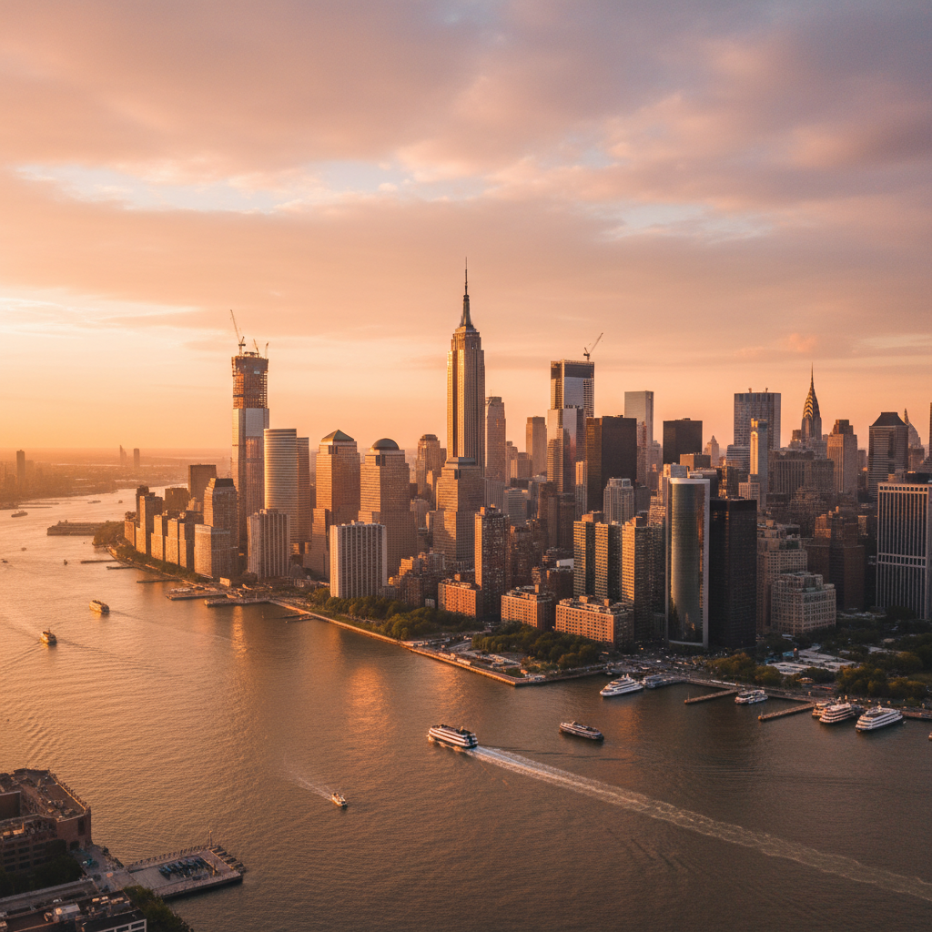 A sun-drenched Manhattan skyline representing economic growth, golden hour lighting, vibrant atmosphere, no text