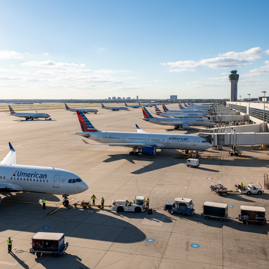 A busy American airport tarmac with various major airline planes, sunny day, cinematic lighting, high resolution, no text