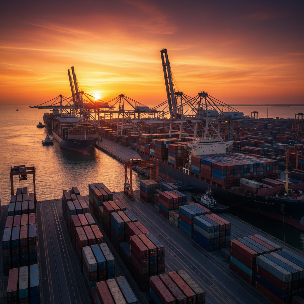 A busy international shipping port with giant cargo containers and cargo ships, high contrast, warm sunset lighting, cinematic composition, rich colored background, no text