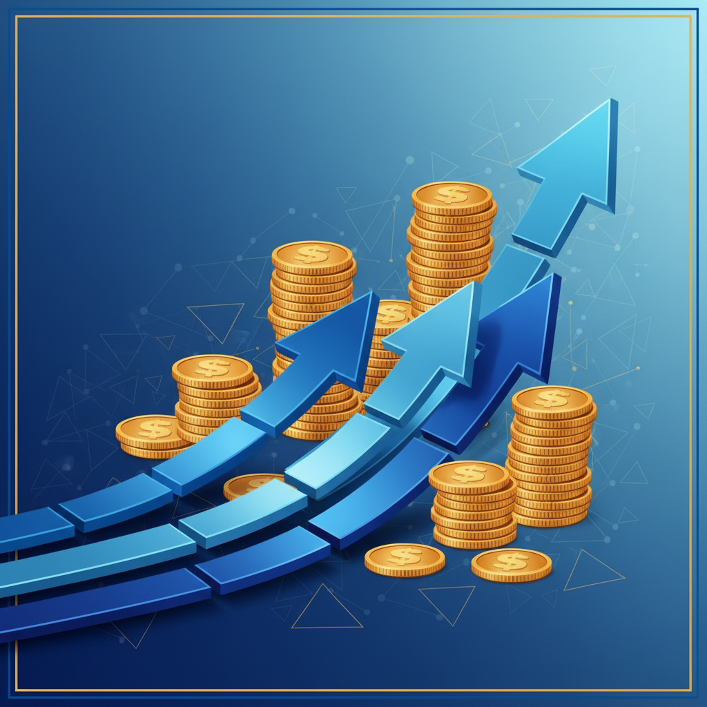 A conceptual image of financial growth with rising arrows and golden coins, clean infographic style, modern layout, vibrant colors, blue and gold theme, no text
