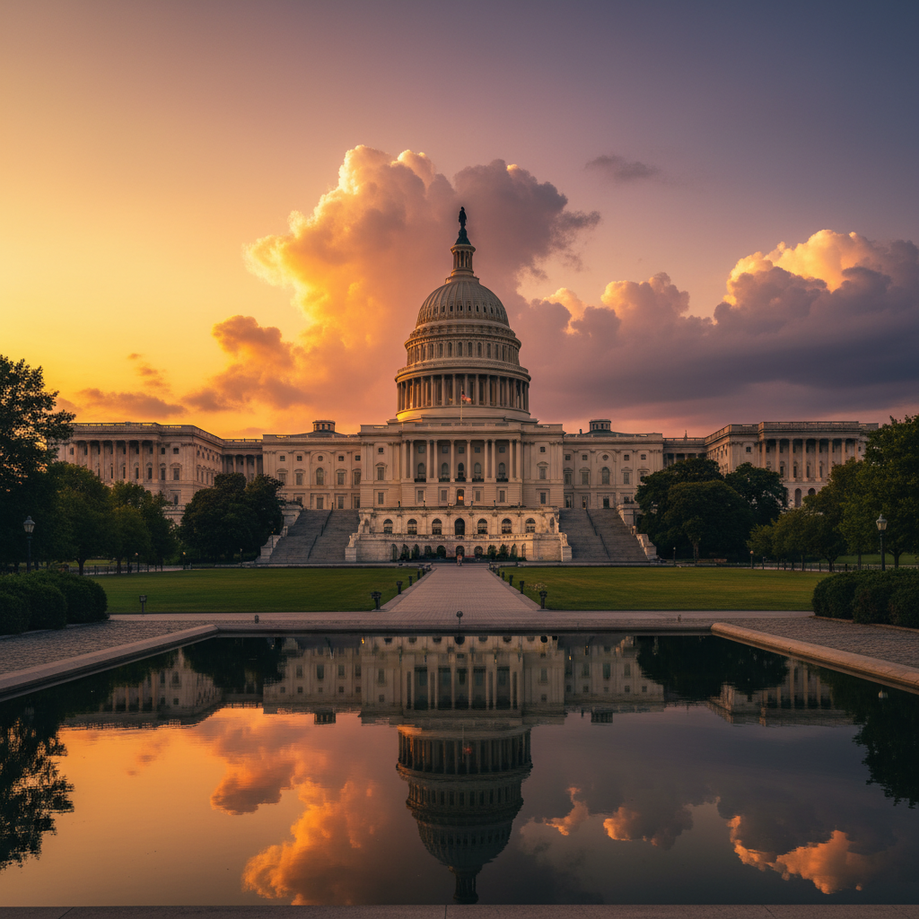 The United States Capitol building at sunset, cinematic lighting, dramatic clouds, colored gradient sky, detailed architecture, no text