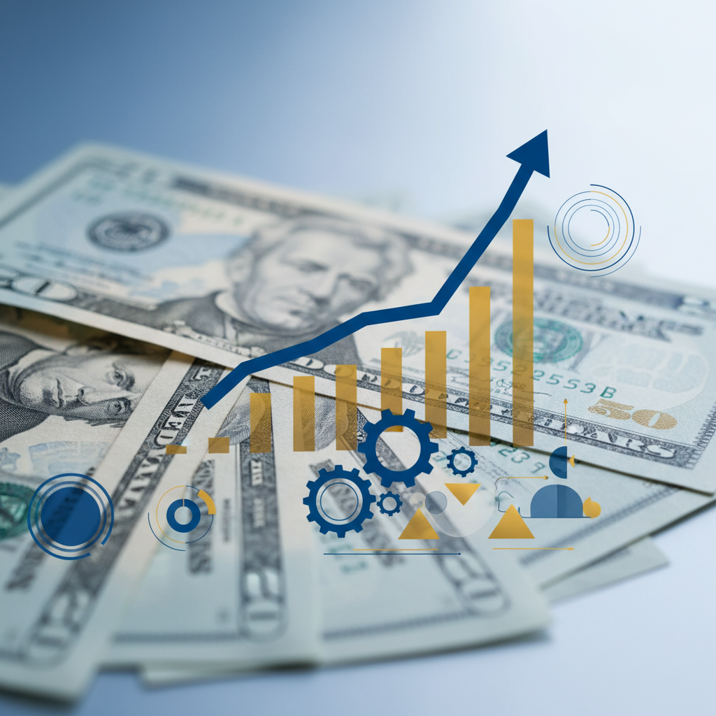 Close up of U.S. dollar bills and a stylized graphic representing economic growth, clean infographic style, blue and gold color palette, modern layout, no text