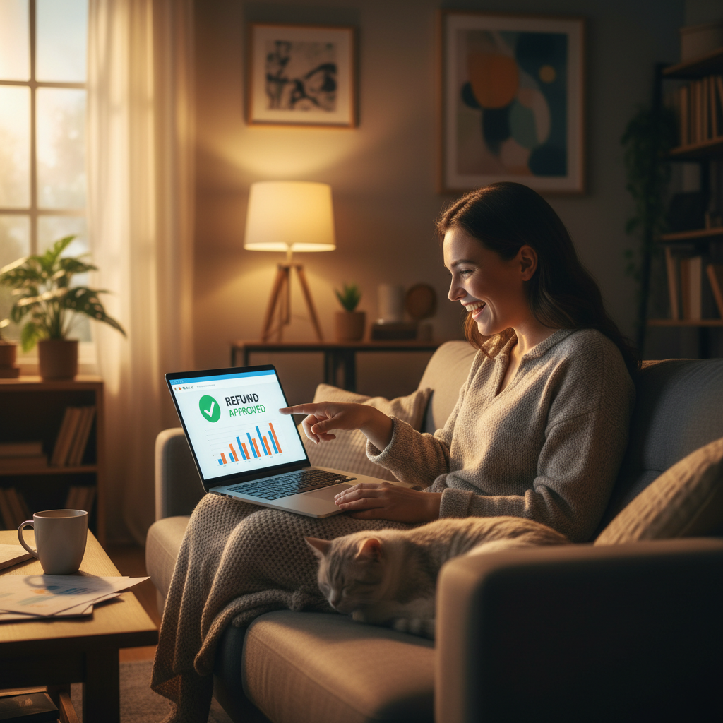 A happy person checking tax refund status on a laptop at home, warm interior lighting, natural expression, lifestyle photography, high contrast, no text