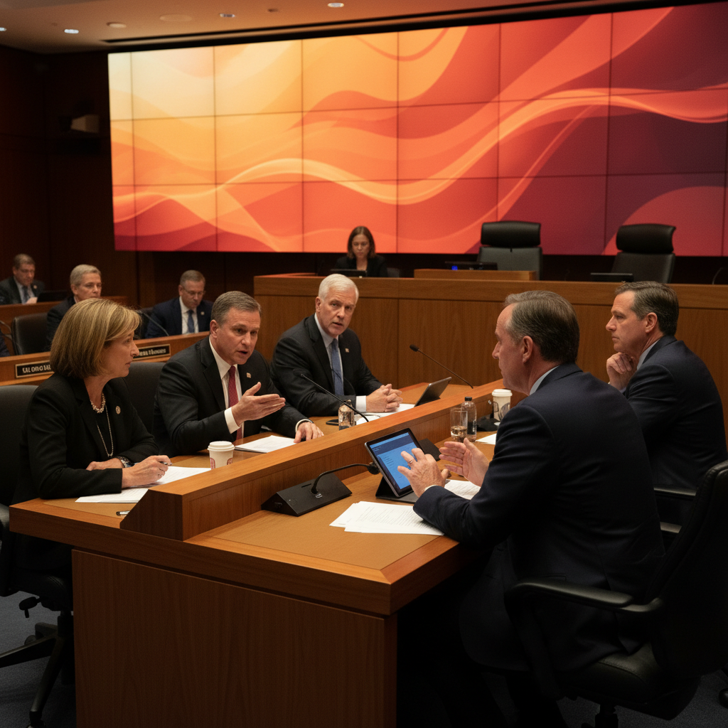 Politicians discussing cannabis reclassification in a US congressional setting, modern layout, high contrast, warm lighting, colored background, no text, 4:3 aspect ratio