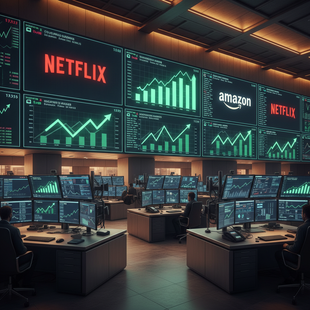 A modern stock market trading floor with digital screens showing green upward arrows and Netflix and Amazon logos, clean infographic style, high contrast, warm lighting, no text