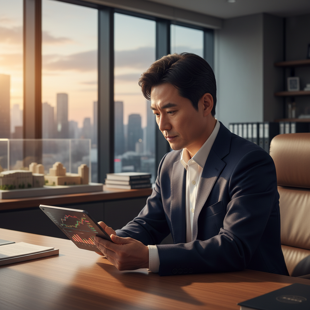 A professional Korean investor looking at global stock market trends on a sleek digital tablet in a modern office, warm sunset lighting, high-end financial atmosphere, no text