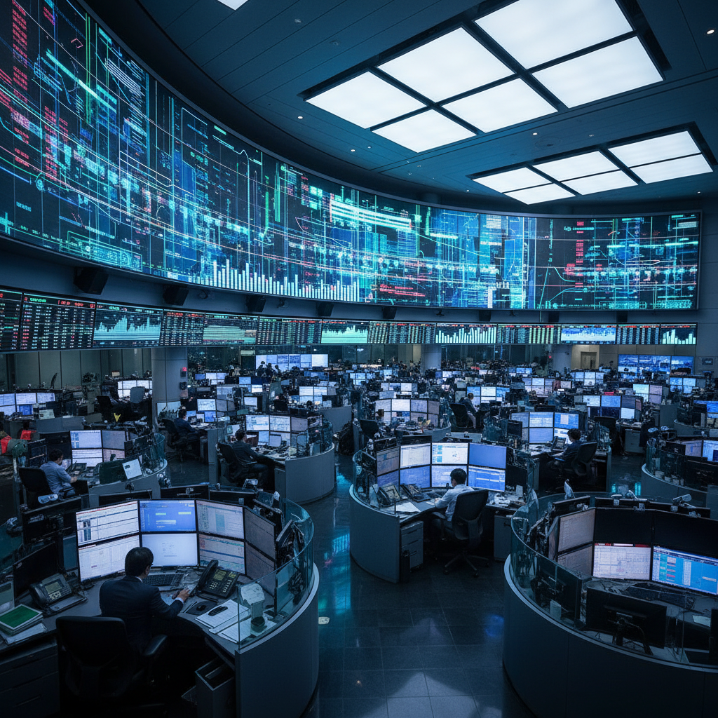 Busy stock exchange floor with traders and digital displays showing stock tickers, high contrast, modern layout, Korean setting, no text