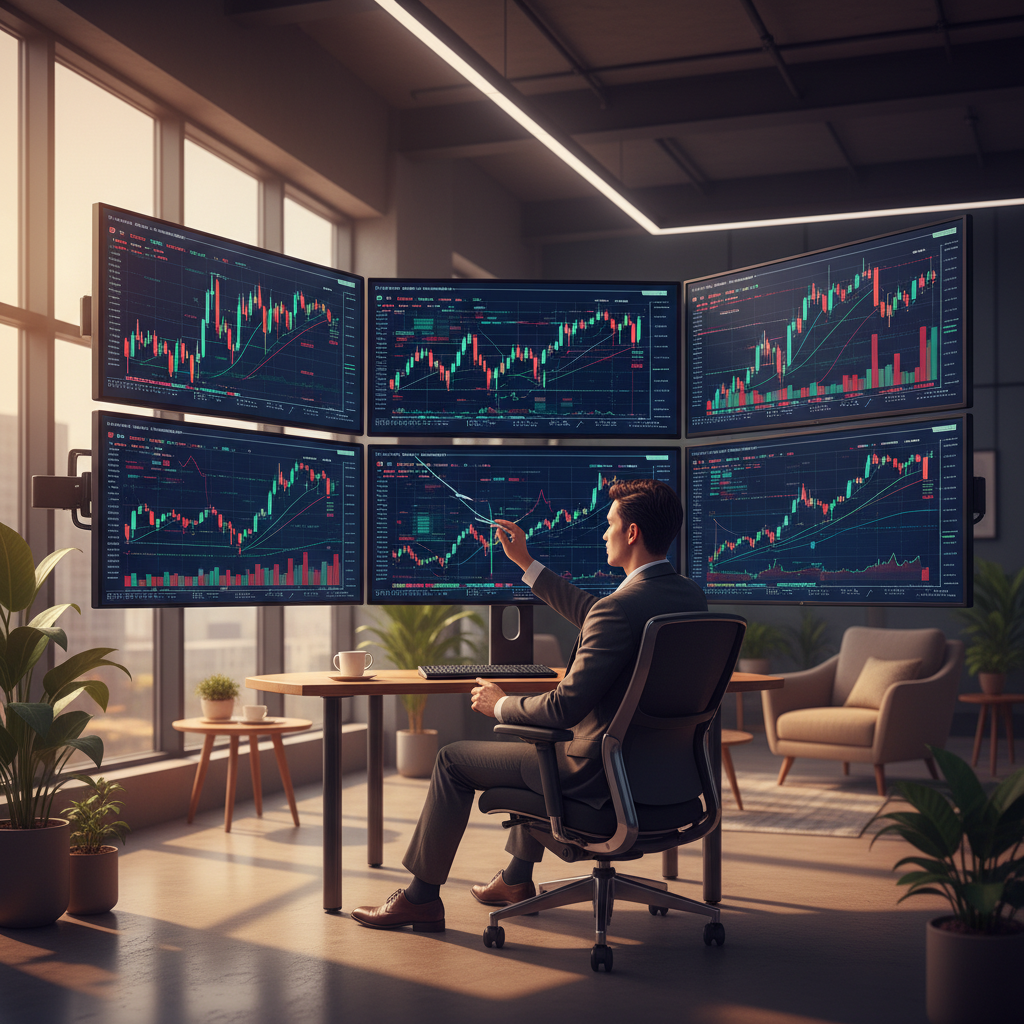 A professional investor analyzing stock market charts on multiple monitors in a modern office, soft natural lighting, high contrast, warm atmosphere, Korean male appearance, no text