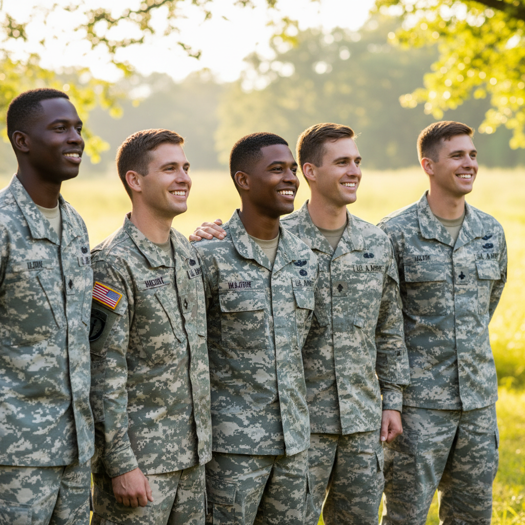 A diverse group of U.S. military service members in uniform looking hopeful and smiling, lifestyle photography, natural daylight, soft bokeh background, high resolution, no text