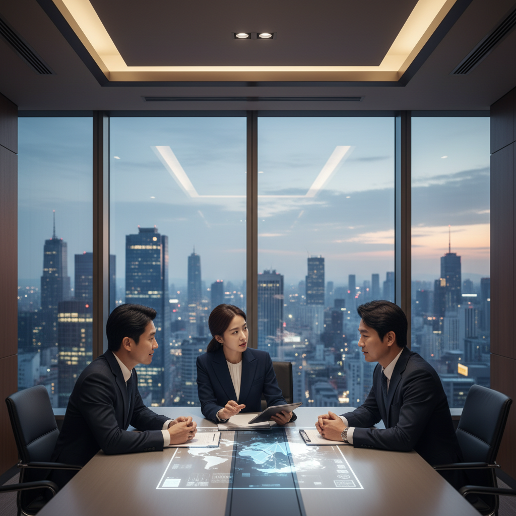 Professional business executives in a modern high-end office discussing a major media merger, cinematic lighting, skyscraper view background, Korean appearance, natural expression, no text