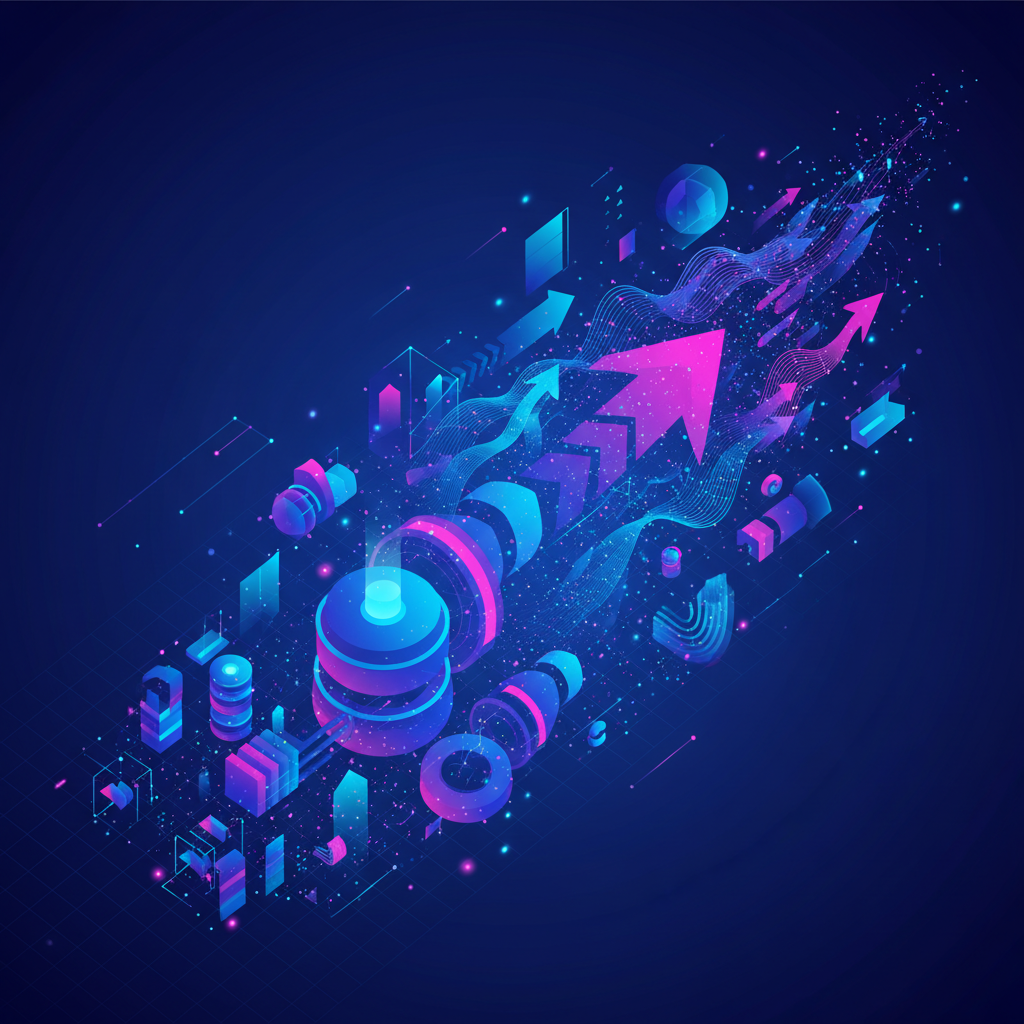Abstract representation of media assets and digital streaming growth, modern infographic style, high contrast, vibrant blue and purple tones, no text