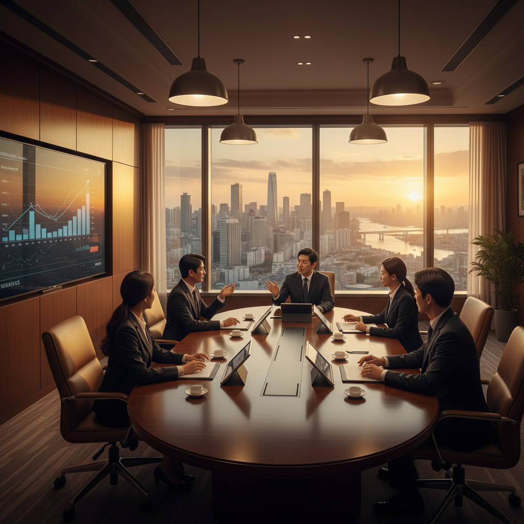 A professional business meeting scene in a high-end boardroom, representatives discussing media merger, city skyline background, warm cinematic lighting, Korean professionals present, no text, 4:3