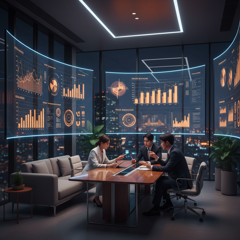 A sophisticated business environment with digital displays of media analytics, glowing orange and blue lighting, high-end office interior, Korean professionals discussing strategy, rich background, no text