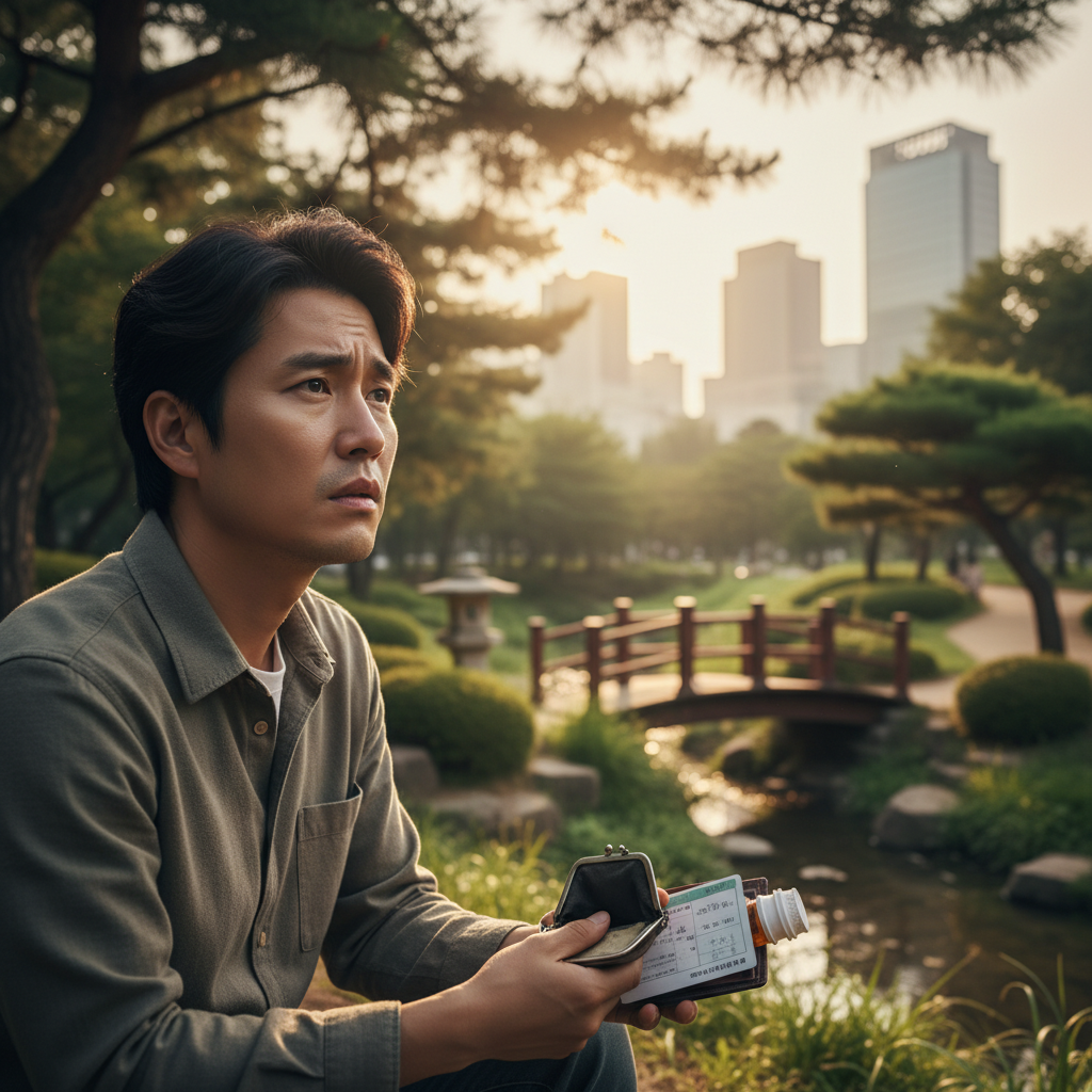 A Korean person with a concerned expression, looking into the distance, subtle elements suggesting financial uncertainty or healthcare, warm lighting, natural setting, lifestyle photography, rich background, no text