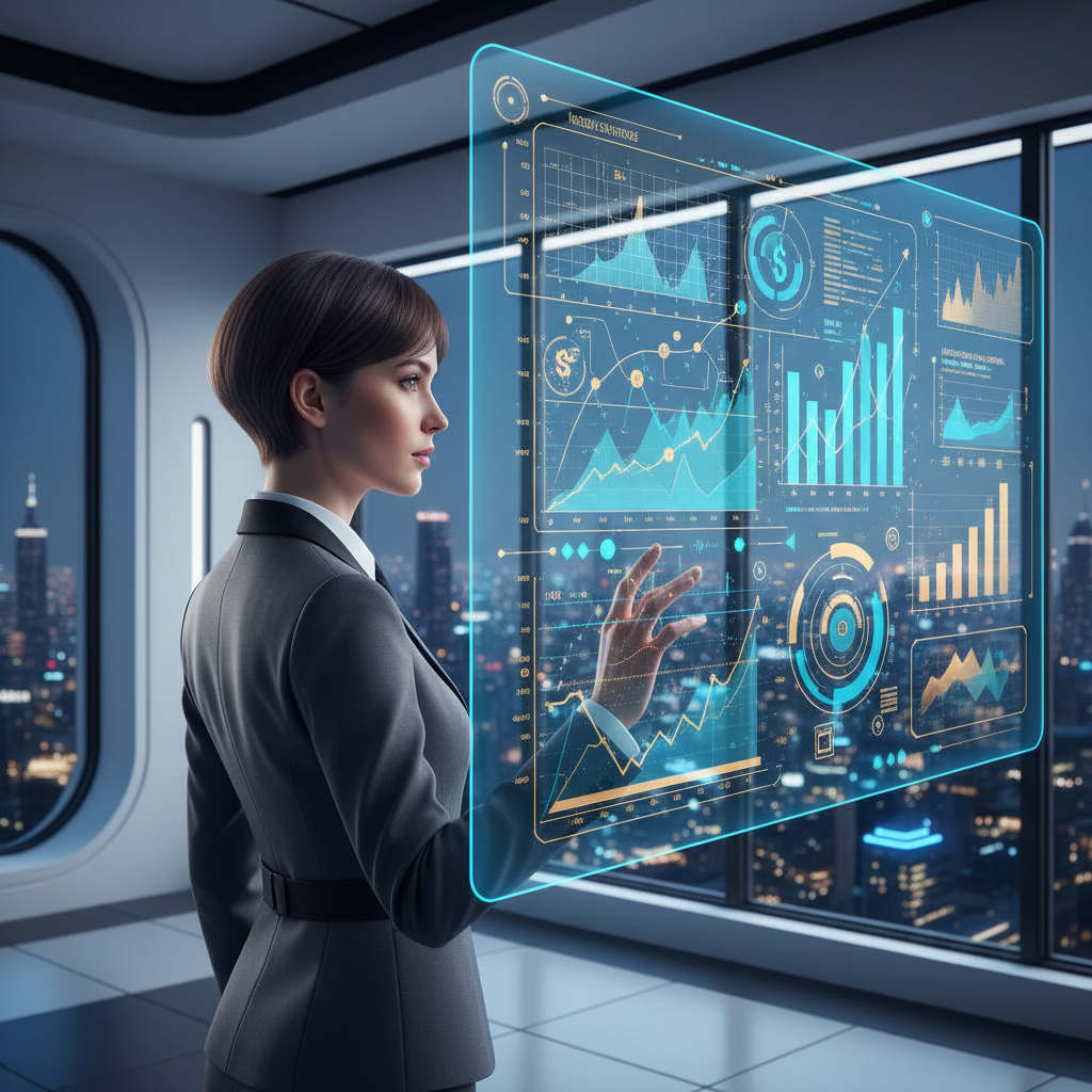 A modern digital professional looking at a holographic display of economic trends, clean infographic style, blue and gold tones, no text