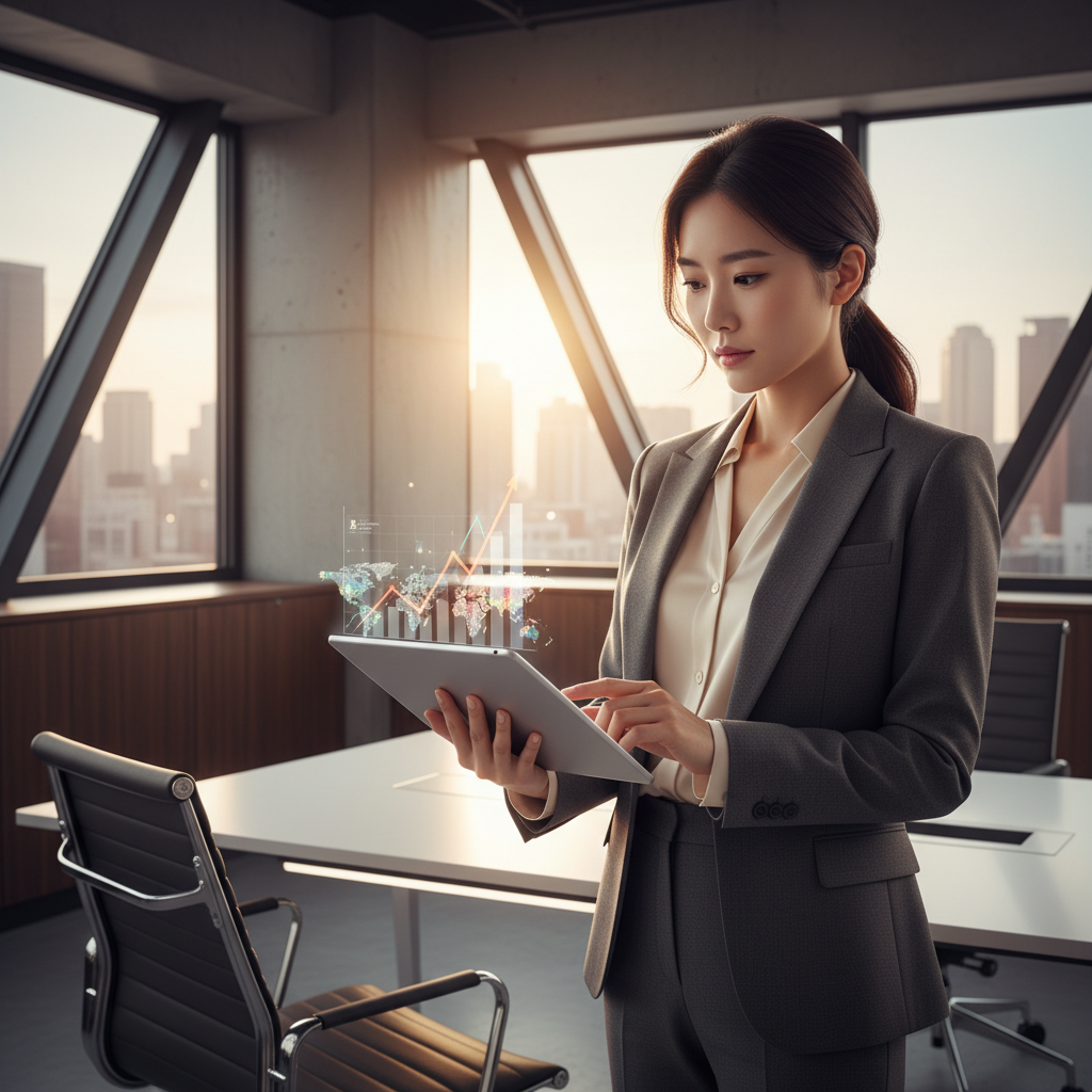A professional person looking at a digital tablet with growth charts and maps, clean high contrast office interior, warm natural lighting, Korean appearance, no text