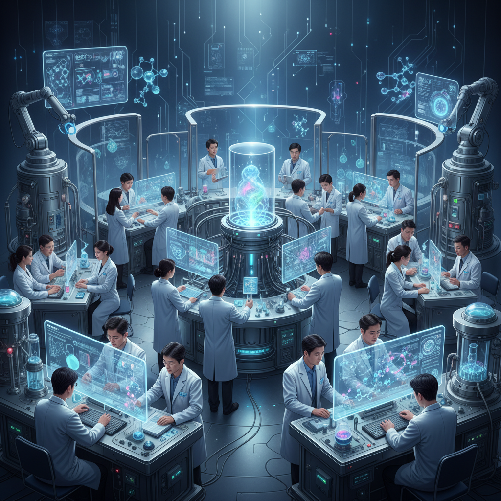 An artistic rendering of a bustling, futuristic science laboratory with diverse researchers (Korean appearance) collaborating on advanced projects, surrounded by sleek, innovative equipment and glowing energy sources. The background has a subtle texture, conveying depth and scientific advancement. No visible text.