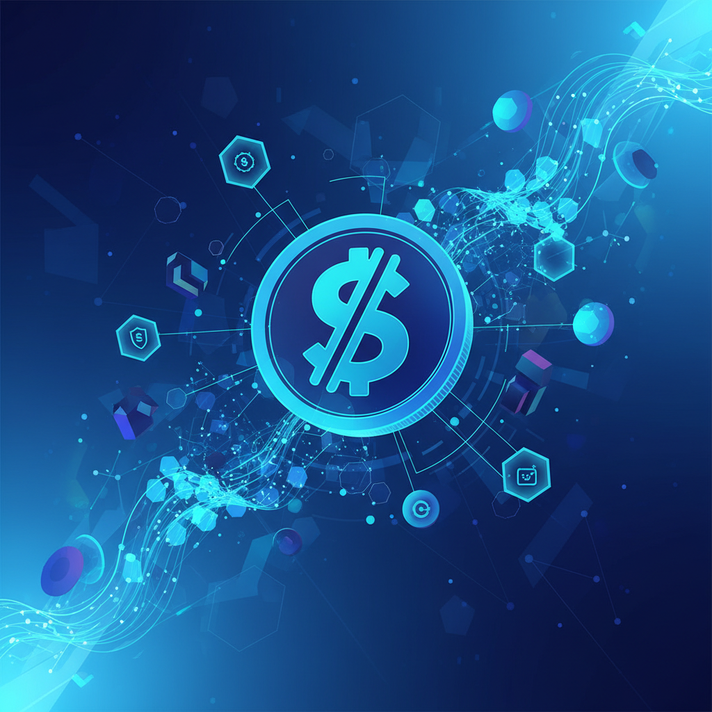 Digital payment concept with stablecoins, modern tech style, gradient blue background, high contrast, no text