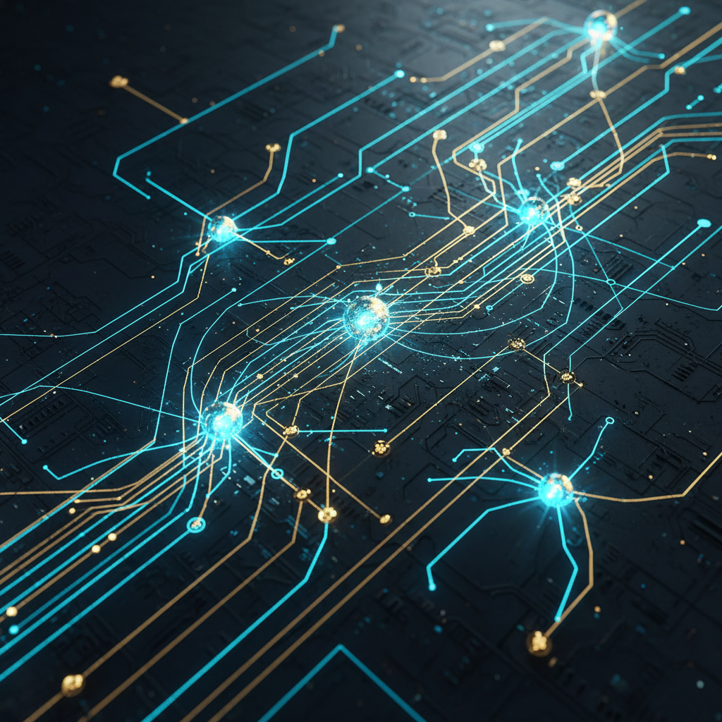 Abstract digital technology background with glowing lines and nodes representing global connectivity and AI, modern layout, high contrast blue and gold tones, no text