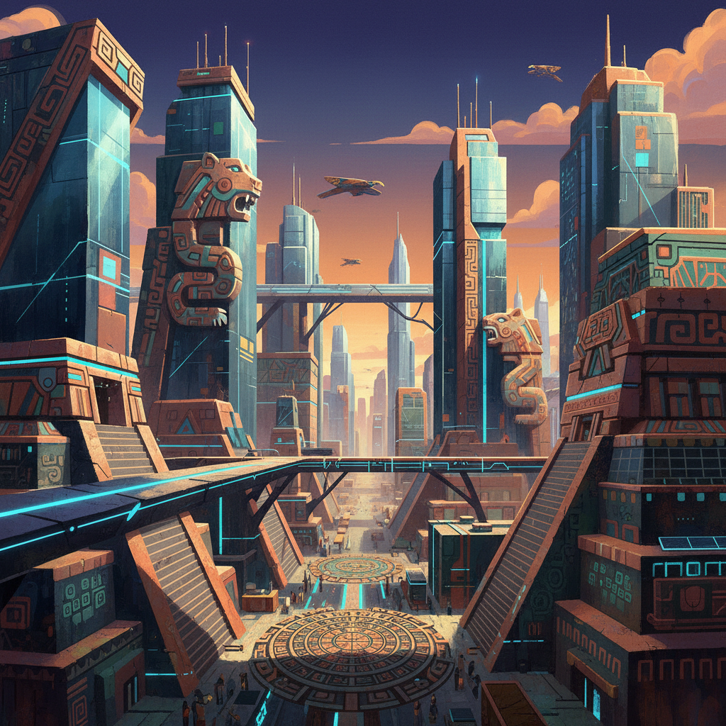 illustration, artistic rendering, textured background, a futuristic city blending modern architecture with distinct Aztec symbols and designs, bright and balanced lighting, no visible text, centered focus, rich details, no empty margins, full frame, colored background