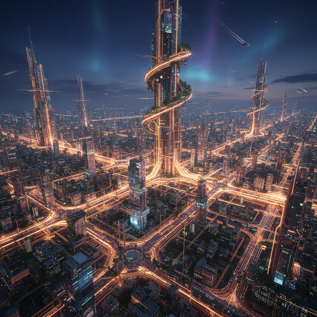 A futuristic city grid glowing with amber energy lines, complex copper circuits integrated into urban infrastructure, digital and organic blend, high contrast background, no text