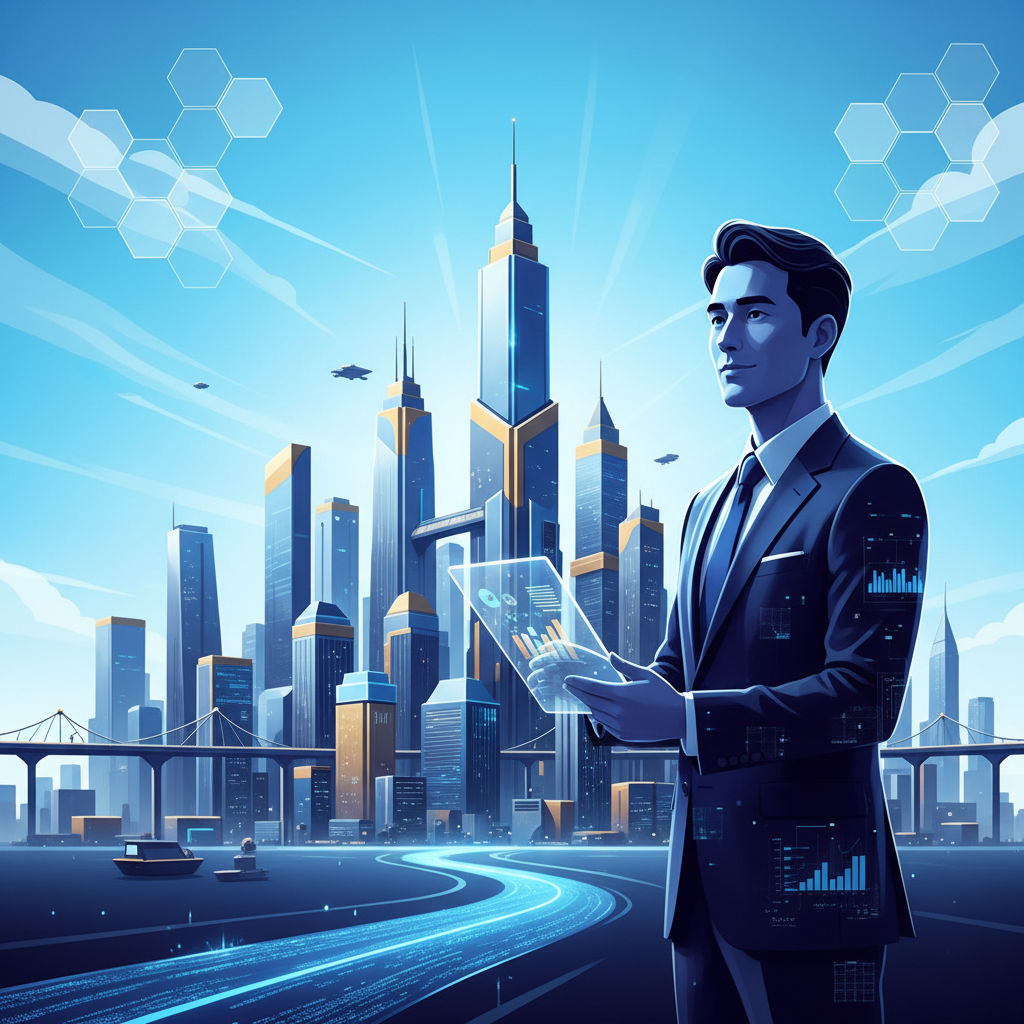 clean infographic, modern layout, high contrast. A modern Korean investor figure looking confidently towards a futuristic, well-developed city skyline. The scene should convey foresight and opportunity. The background is a vibrant, subtly geometric cityscape with a clear blue sky. No visible text.