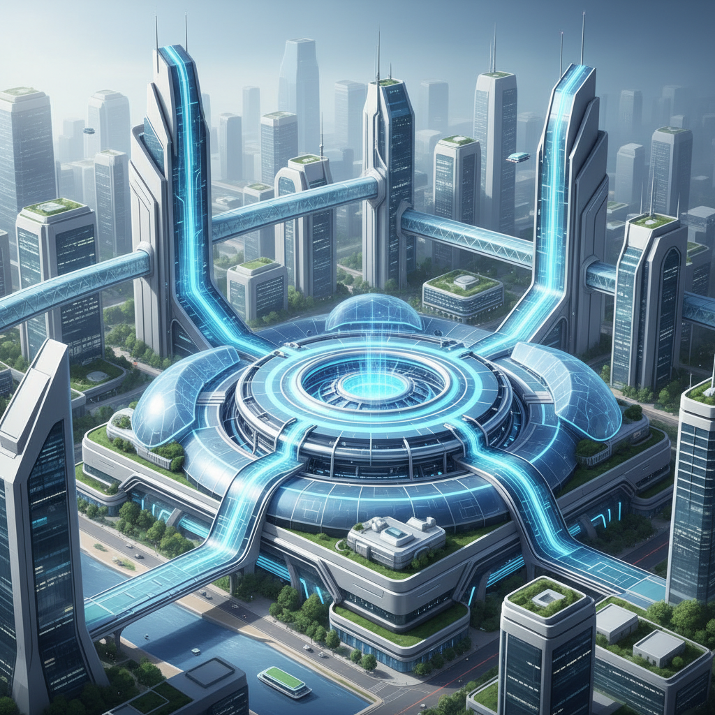 A clean infographic style illustration of a futuristic fusion power plant in a modern city, bright and balanced lighting, sophisticated design, no text