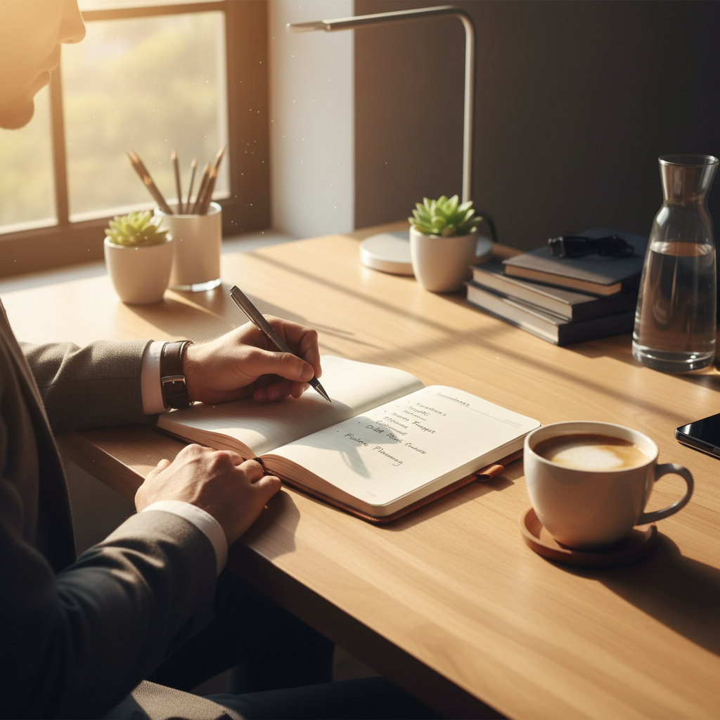 A professional person writing down financial goals in a notebook, wooden desk, coffee cup nearby, warm sunlight streaming through a window, organized setting, lifestyle photography, no text
