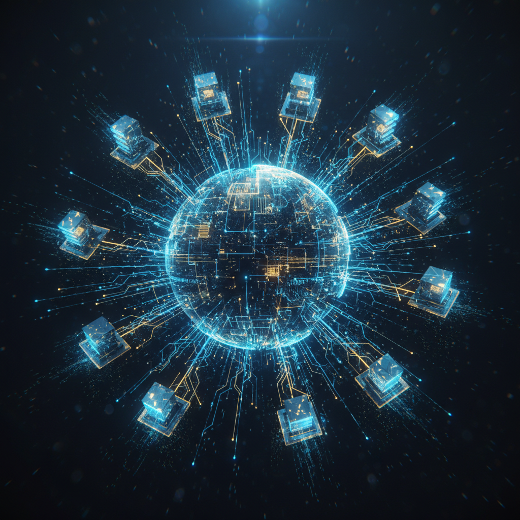 Abstract concept of AI cloud network connecting global data centers, neon blue and gold accents, futuristic and professional, no text